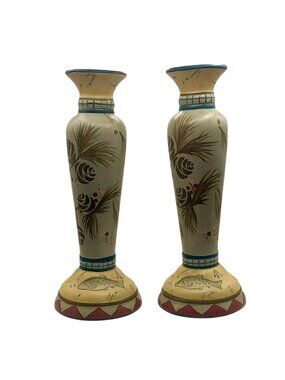 Danna Cullen High Country Lodge Hand Painted Fish Candle Holders Set Of 2